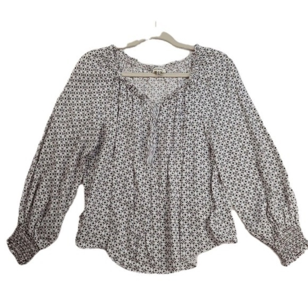Max Studio Size‎ Small S Floral Boho Peasant Blouse Top Black White Cottagecore